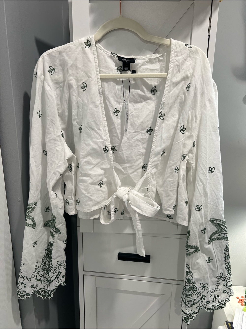 Nasty Gal White Tie-Front Embroidered Bell-Sleeve Top